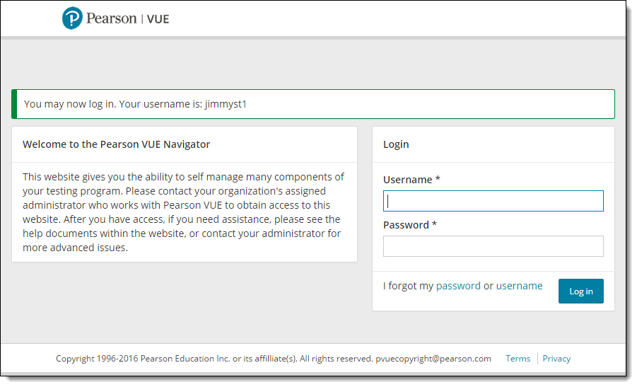 Navigator Login page, you may now log in with your username. Your username is supplied in the message.